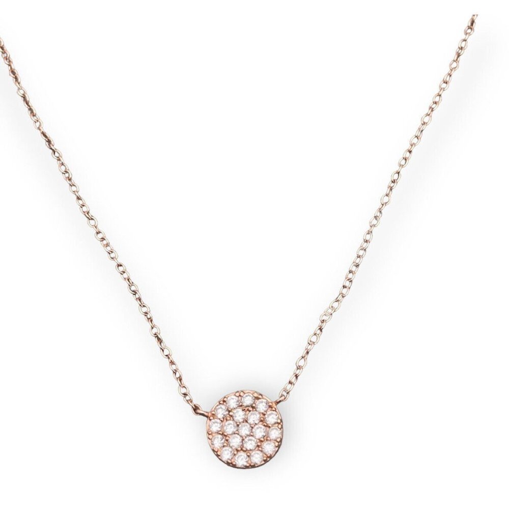 925 Sterling Silver LA CN Rhinestone Round Pendant Chain Necklace Gold Tone